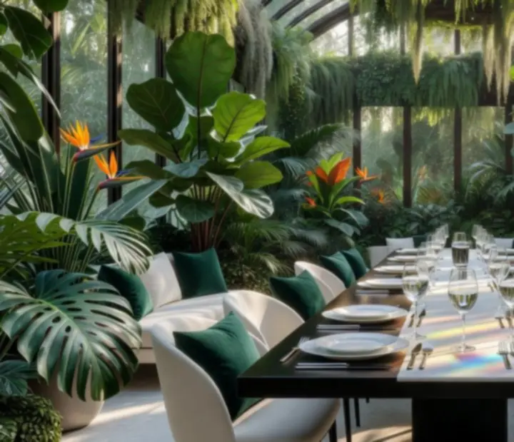 Wnętrze szklarni z bujną roślinnością i stołami restauracyjnymi
