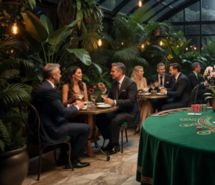 Elegancki stół blackjack w oranżerii Sekretnego Ogrodu z kartami i żetonami