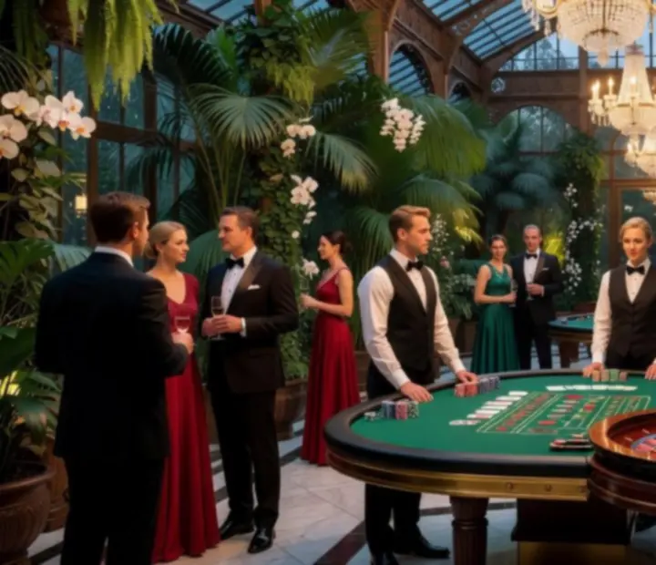 Stoły do pokera, ruletki i blackjacka ustawione w szklanym ogrodzie między stolikami bankietowymi
