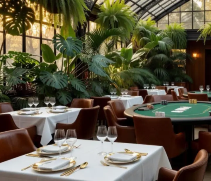 Słoneczna szklarnia Sekretnego Ogrodu z tropikalną zielenią, stołami restauracyjnymi i eleganckim stołem pokerowym przygotowanym na wieczór